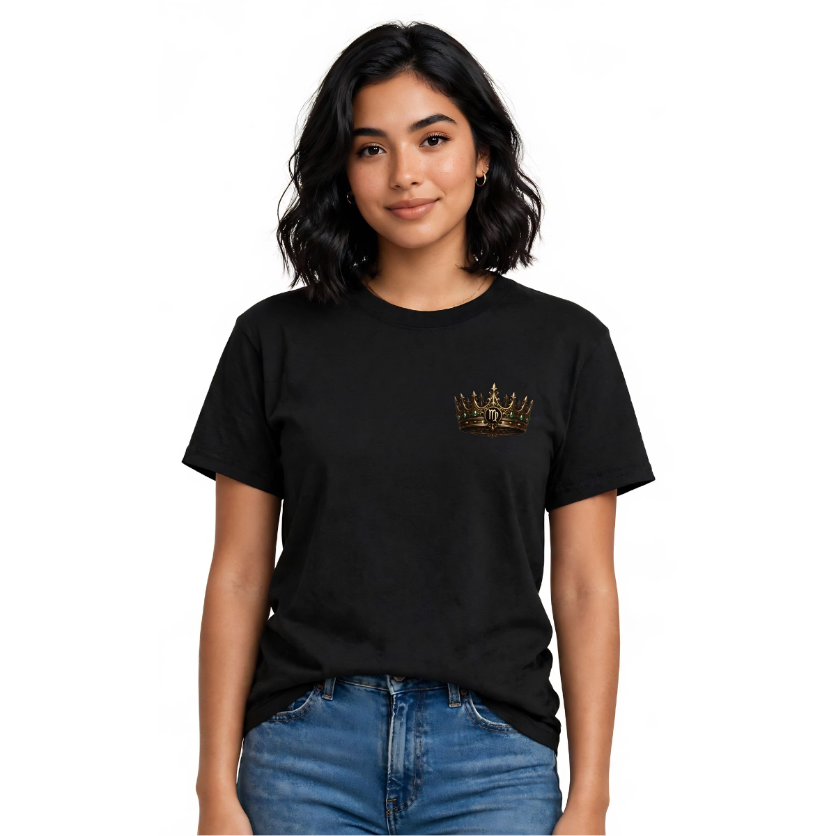 Virgo zodiac T-shirt with embroidered Essentia crown chest crest