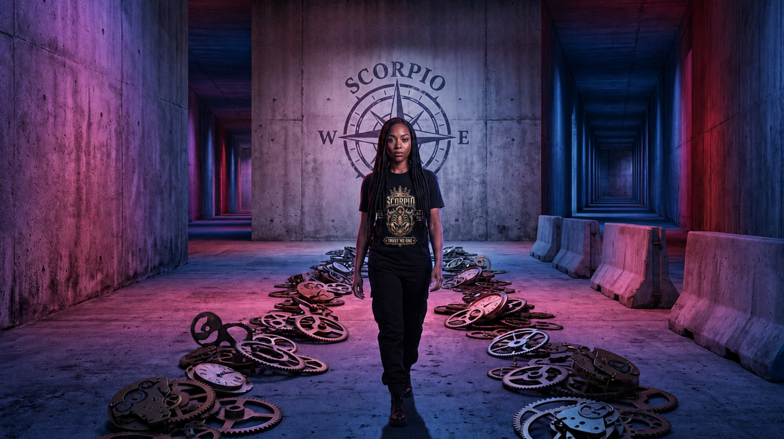Woman wearing a Scorpio graphic T-shirt walking through a dark industrial corridor surrounded by mechanical gears