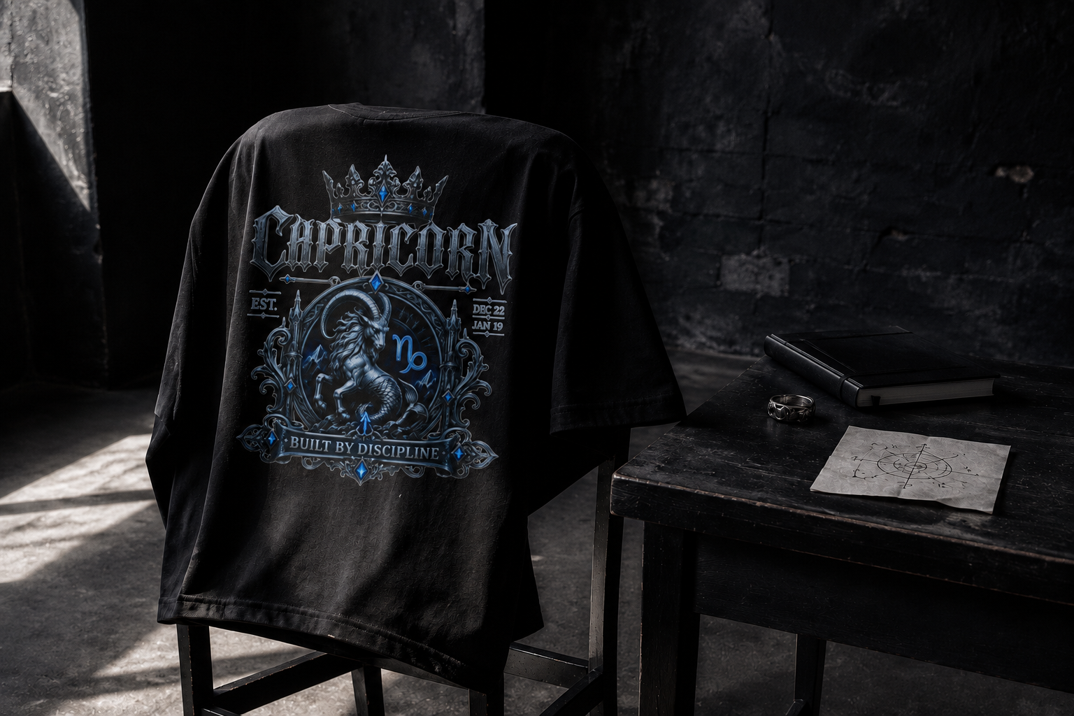 Black Capricorn “Built by Discipline” T-shirt draped over a chair in a dark industrial room.