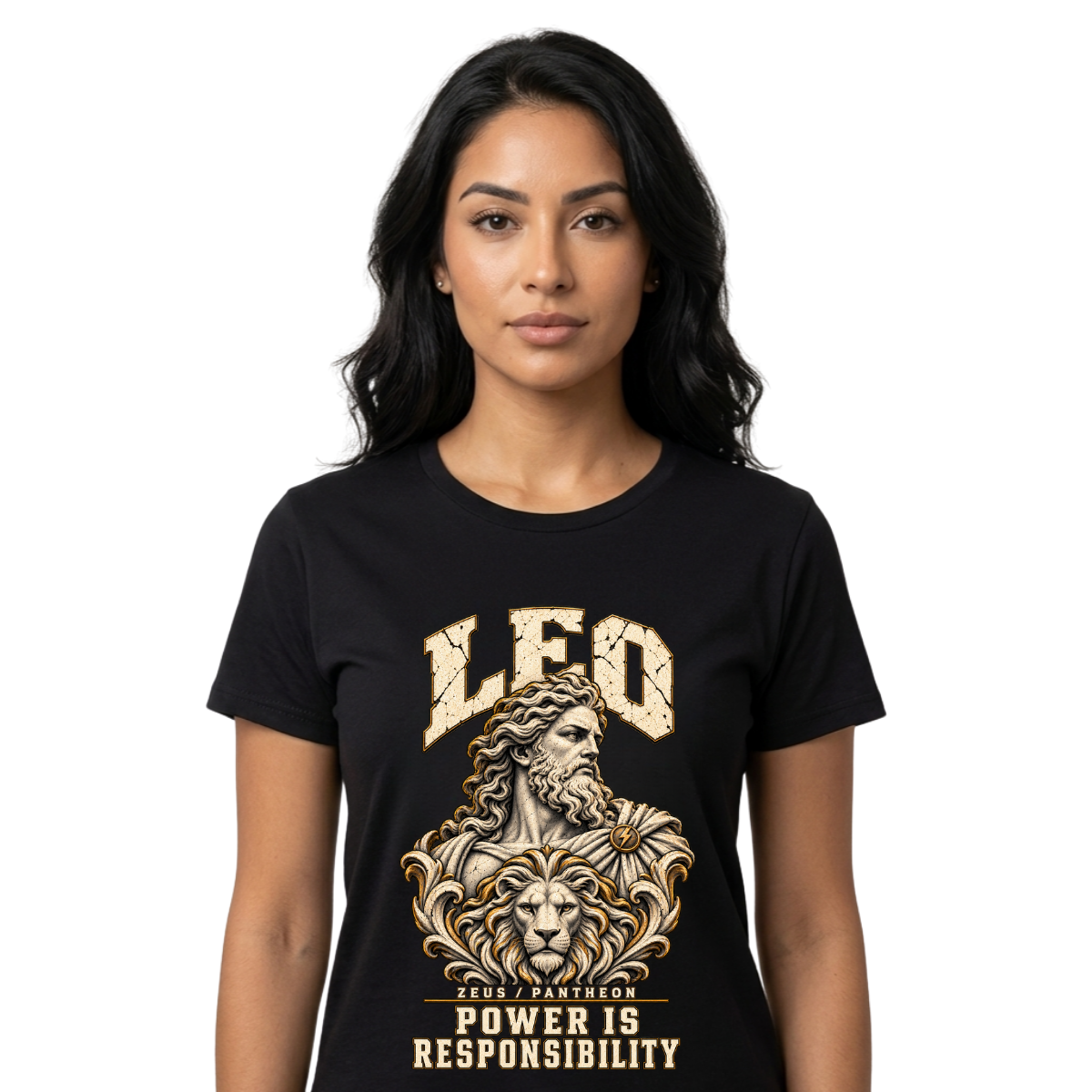 Female model wearing a black Leo zodiac graphic T-shirt featuring gold-toned Zeus-inspired mythology artwork.