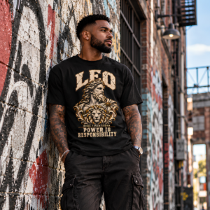 Male model wearing a black Leo zodiac graphic T-shirt in a graffiti-covered urban alley.