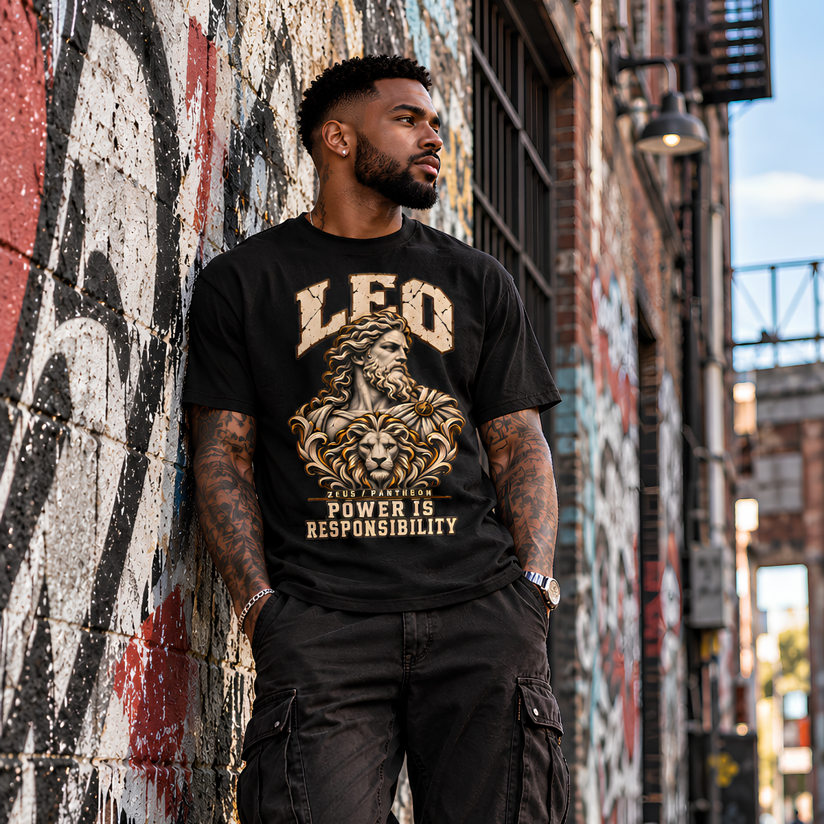 Male model wearing a black Leo zodiac graphic T-shirt in a graffiti-covered urban alley.