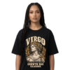 Female model wearing a black Virgo zodiac graphic T-shirt featuring gold-toned Demeter-inspired artwork.