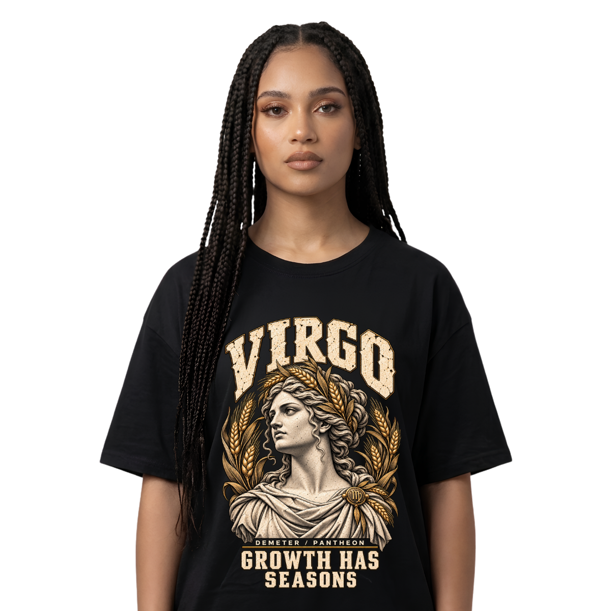 Female model wearing a black Virgo zodiac graphic T-shirt featuring gold-toned Demeter-inspired artwork.