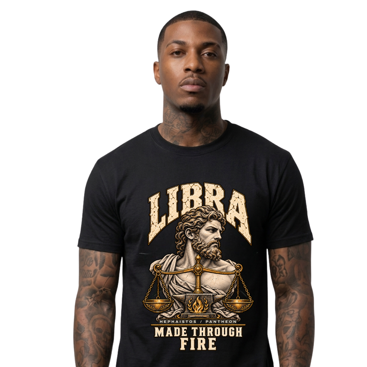 Male model wearing a black Libra zodiac graphic T-shirt featuring gold-toned Hephaistos-inspired artwork.