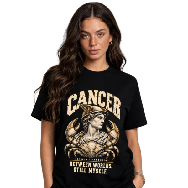 Female model wearing a black Cancer zodiac graphic T-shirt featuring gold-toned Hermes-inspired artwork.