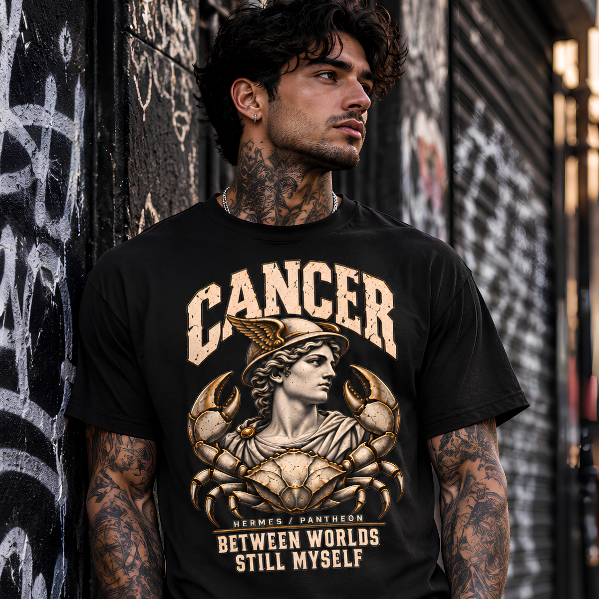 Male model wearing a black Cancer zodiac graphic T-shirt against a dark urban graffiti wall.