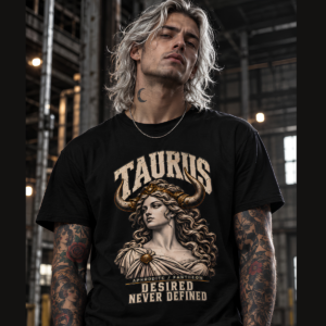 Long-haired male model wearing a black Taurus graphic T-shirt in a dark industrial setting.