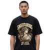 Male model wearing a black Sagittarius zodiac graphic T-shirt with gold-toned Artemis-inspired artwork.