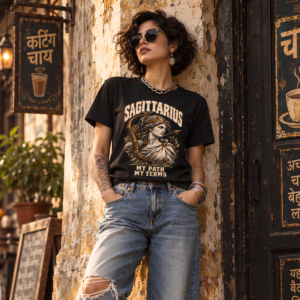 Woman wearing a black Sagittarius zodiac graphic T-shirt and denim shorts in a vintage urban interior.