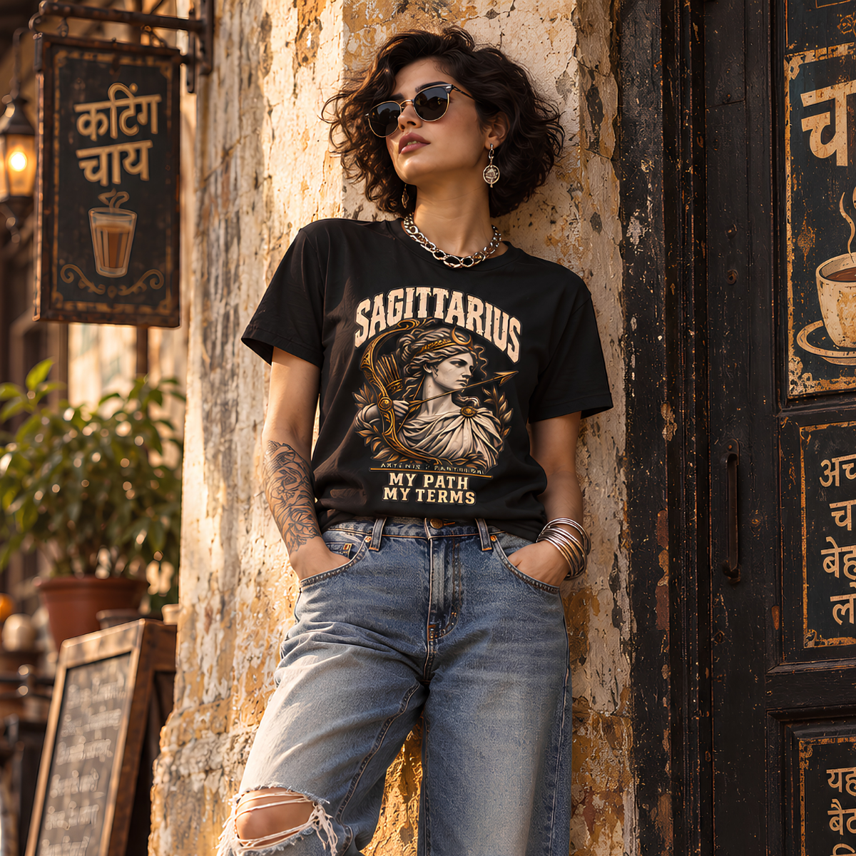 Woman wearing a black Sagittarius zodiac graphic T-shirt and denim shorts in a vintage urban interior.