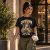Female model wearing a black Capricorn graphic T-shirt in a warmly lit outdoor architectural setting.