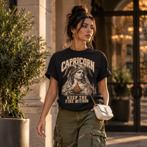 Female model wearing a black Capricorn graphic T-shirt in a warmly lit outdoor architectural setting.