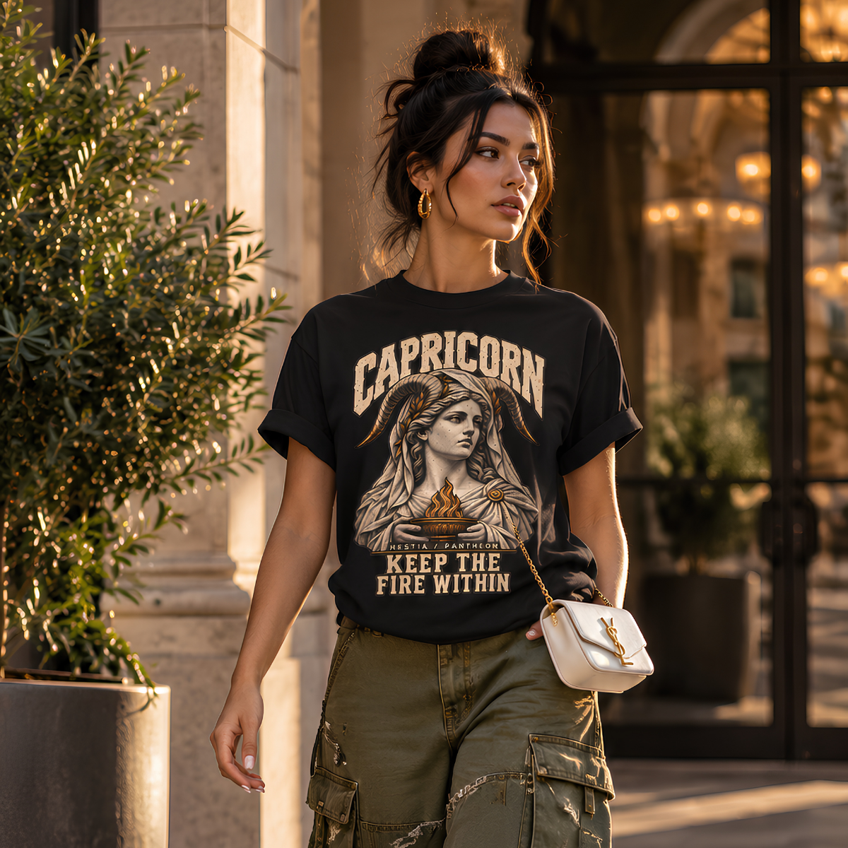 Female model wearing a black Capricorn graphic T-shirt in a warmly lit outdoor architectural setting.