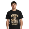 Aquarius-keep faith with yourself model Male model wearing a black Aquarius zodiac graphic T-shirt featuring gold-toned Hera-inspired mythology artwork