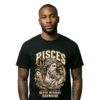 Male model wearing a black Pisces zodiac graphic T-shirt with gold-toned Poseidon-inspired artwork.
