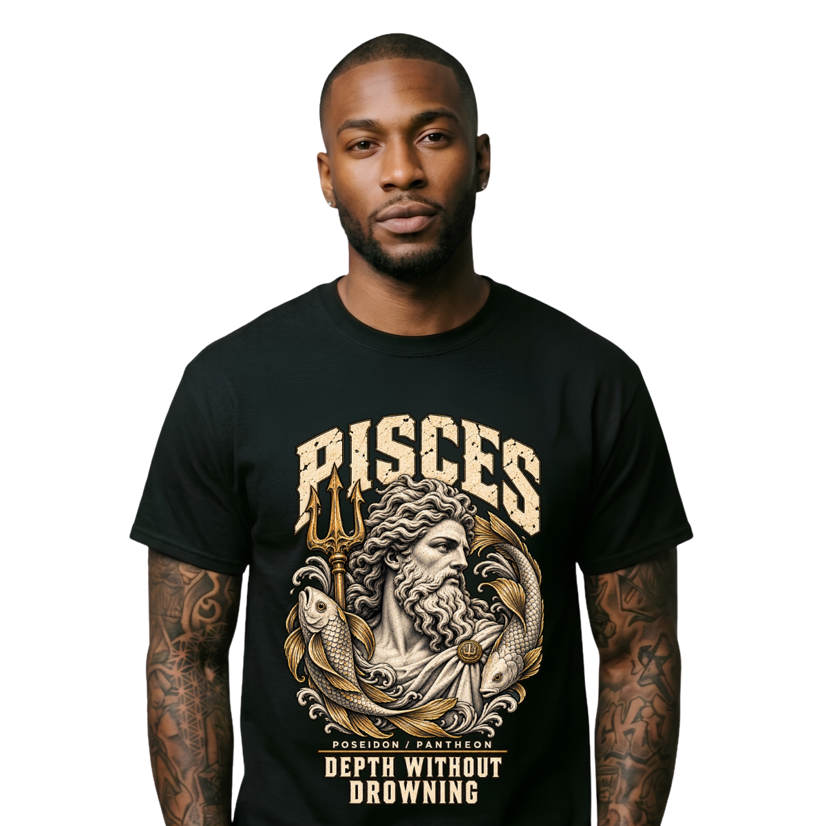 Male model wearing a black Pisces zodiac graphic T-shirt with gold-toned Poseidon-inspired artwork.