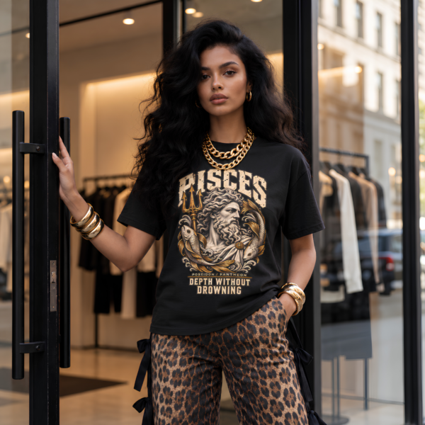 Woman wearing a black Pisces graphic T-shirt and patterned pants in a warmly lit urban setting.