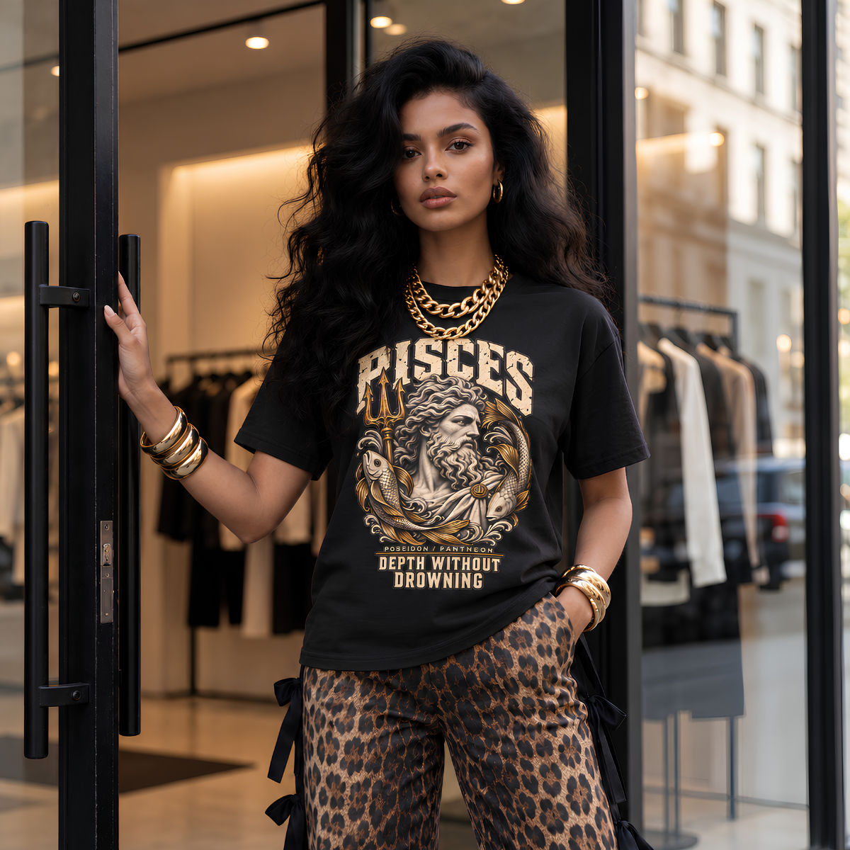 Woman wearing a black Pisces graphic T-shirt and patterned pants in a warmly lit urban setting.