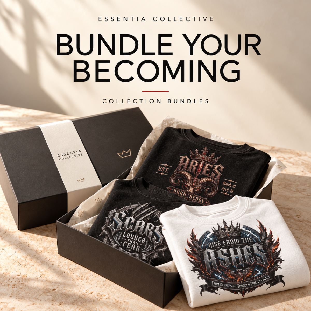 The Evolution Bundle — Essentia Collective graphic shirts in a branded gift box.