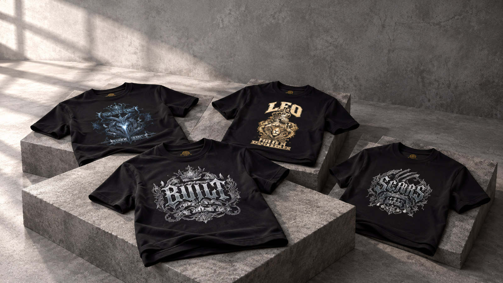 Four black graphic T-shirts with blue, gold and silver designs arranged on sunlit stone platforms.
